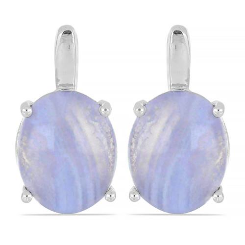 925 SILVER NATURAL BLUE LACE AGATE GEMSTONE BIG STONE EARRINGS